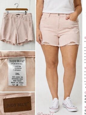 Judy Blue Pink Distressed Denim Shorts Raw Hem Stretch High Rise Size 2XL cut of